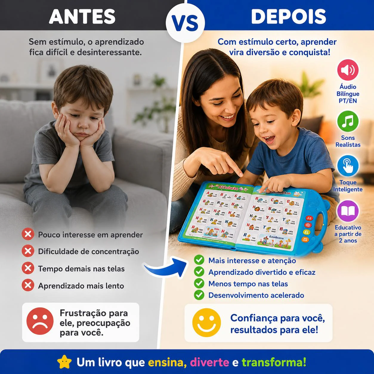 Antes e depois: sem estímulo o aprendizado fica difícil; com o Livro Infantil Bilíngue Interativo da Nele Kids aprender vira diversão